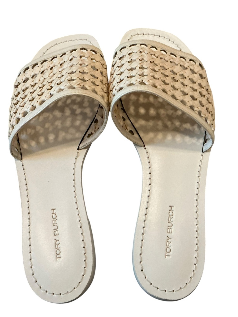 Tory Burch woven Rafia slide sandals beige leather size 6.5